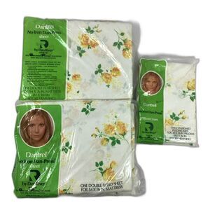 Vtg Dantrel Floral Double Sheet Set Flat Fitted 2 Cases New Old Stock Dan River